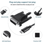 Gedetailleerde weergave van de USB-C naar DVI kabel kenmerken: plug and play, 24K verguld, PET mantel en premium chip