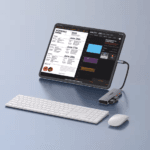 Een iPad Pro verbonden met de grijze hub, aangesloten op een toetsenbord en muis, met agenda-apps op het scherm.