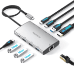Zilveren RSHTECH USB-C hub met 4K HDMI, RJ45 Ethernet, supersnelle 10Gbps USB-C en USB-A poorten, en 5Gbps aansluitingen.
