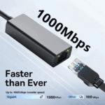 Close-up van de adapter die 1000Mbps gigabit snelheid vergelijkt met standaard 100Mbps
