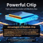 Illustratie van de interne Realtek chip op printplaat met tekst "Powerful Chip" en "Realtek"