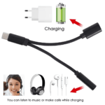 Technisch schema van zwarte Y-kabel die stroom en audio splitst voor headset en oplader