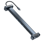 Bovenaanzicht van een slanke, aluminium grijze USB-C laptop dock met een stevige, met nylon gevlochten aansluitkabel.