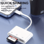 iPhone 15/USB-C telefoon aangesloten op de adapter met tekst over het direct versturen van camerafoto's