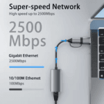 Visuele vergelijking van netwerksnelheden: Grote tekst "2500 Mbps" versus een kleine balk voor "10/100M Ethernet"