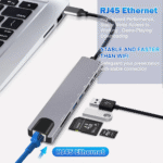 Laptop aangesloten op een stabiel bedraad netwerk via de RJ45 poort van de USB-C hub.