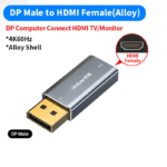 Technische weergave van de Unnlink DP Male naar HDMI Female adapter (Alloy) met 4K 60Hz specificaties.