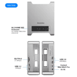 Technisch overzicht van model MAC908, met aansluitingen voor USB 3.2, SD/TF kaartlezer, HDMI en een 5V voedingsingang.