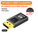 Zwarte PVC DisplayPort Male naar HDMI Female adapter met specificaties voor 4K 30Hz resolutie.