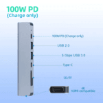 Zijaanzicht van de USB C hub met duidelijke labels voor de 100W PD oplader, USB poorten, SD lezer en HDMI.