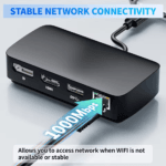 Close-up van een netwerkkabel die wordt aangesloten op de Gigabit RJ45 ethernetpoort van het Thunderbolt 3 dock, met nadruk op de 1000Mbps snelheid.