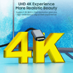 3D 4K logo met een USB-C naar HDMI kabel op de achtergrond.
