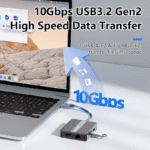 Illustratie van dataoverdracht via USB-A en USB-C 3.2 poorten die bestanden in seconden verplaatsen met een snelheid van 10Gbps.