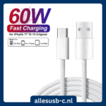 Witte gevlochten USB-A naar USB-C kabel met 60W snelladen logo en compatibiliteitslabels