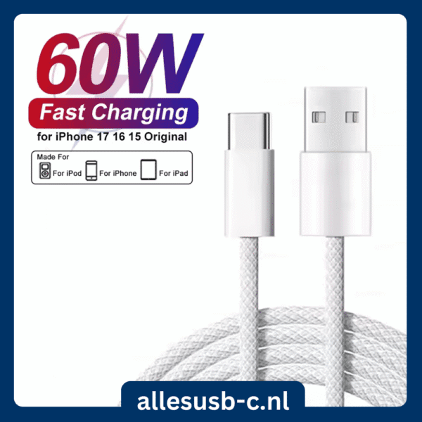 Witte gevlochten USB-A naar USB-C kabel met 60W snelladen logo en compatibiliteitslabels