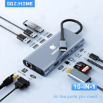 USB-C adapter 10-in-1 met een visueel overzicht van alle ondersteunde kabels en randapparatuur zoals HDMI, SD-kaarten en netwerkkabels.