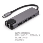 Overzicht van de USB-C hub poorten met 100Mbps RJ45, USB 3.0, USB 2.0, 4K HDMI en USB-C PD.