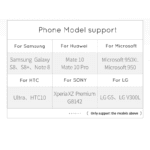Tabel met compatibele smartphones voor de USB-C hub, waaronder modellen van Samsung, Huawei, Microsoft, HTC, Sony en LG.