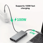 USB-C hub snelladen functionaliteit waarbij 100W Power Delivery input wordt omgezet in 87W veilige output voor de laptop