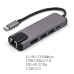 Specificaties van de premium USB-C hub inclusief 1000Mbps RJ45 Gigabit Ethernet, twee USB 3.0 poorten, 4K HDMI en PD.