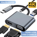 Grijze USB-C adapter met 60W Power Delivery snelladen en 4K Ultra HD ondersteuning