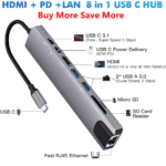 Universele 8 in 1 USB-C Hub met 87W Power Delivery, 4K HDMI en RJ45 Ethernet poort.