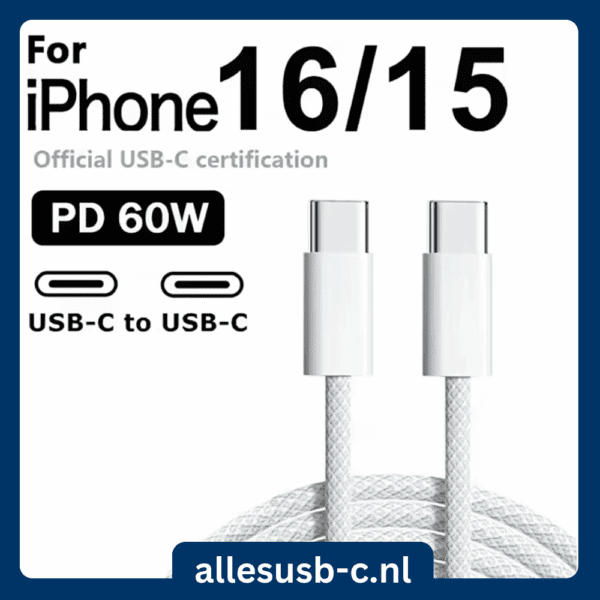 Witte USB-C naar USB-C kabel compatibel met iPhone 15 en iPhone 16 serie met officiële USB-C certificering