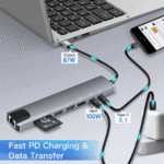 87W Power Delivery opladen voor laptop en smartphone via de 100W input USB-C hub.