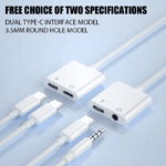 Keuze tussen 3.5mm en dual Type-C model adapters met witte kabel en specificaties