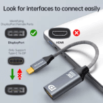 Instructieafbeelding die het verschil toont tussen DisplayPort (vinkje) en HDMI (kruisje) poorten voor correcte aansluiting.