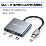 Grijze 3-in-1 USB-C hub met HDMI 4K, USB 3.0 poort en Power Delivery snelladen