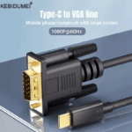 Close-up van de zwarte VGA en USB-C stekkers met tekst 1080P@60Hz