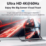 Laptop verbonden met een groot scherm via de hub, met tekst die 4K@60Hz ondersteuning bevestigt voor zowel enkele als dubbele video-output.