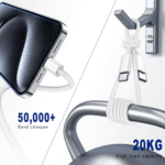 Duurzaamheidstest waarbij de gevlochten USB-C kabel een gewicht van 20kg tilt