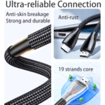 Technische details van de HDMI-kabel: anti-roest connectoren, 19-aderige kern en bescherming tegen kabelbreuk.