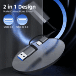 Close-up van de dubbele connector die splitst in USB 3.0 en USB-C 3.0, tekst "2 in 1 Design"