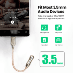 USB-C DAC kabel verbonden met telefoon en iconen voor koptelefoon, oortjes, speakers en autoradio