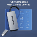 CABLETIME adapter met iconen van compatibele apparaten: Laptop, PC, Printer, Tablet, Router, Modem