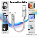 Compatibiliteitsschema dat toont dat de adapter werkt met koptelefoons, speakers, telefoons en laptops