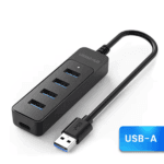 Zwarte USB hub met USB-A connector en flexibele kabel