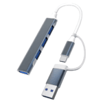 Losstaande donkergrijze USB hub op witte achtergrond