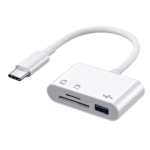 Zijaanzicht van de witte USB-C adapter met kabel