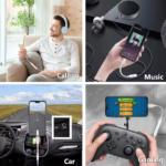 Collage van USB-C adapter gebruik tijdens gamen bellen en in de auto