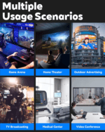 Collage van toepassingen: gaming arena, thuisbioscoop, buitenreclame en medische centra