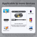 Schema van compatibele apparaten zoals TV, projector, tablet en laptop, verbonden via de 0.25m adapter kabel.