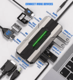Bovenaanzicht van een USB-C hub met futuristisch design en groene LED-strip, verbonden met diverse apparaten.