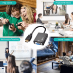 Collage van gebruiksmomenten: gaming, presentaties, school en thuisbioscoop