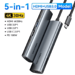 Vention 5-in-1 USB-C hub met 4K 30Hz HDMI, USB 3.0, USB 2.0 poorten en 100W Power Delivery.