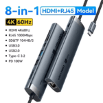 Vention 8-in-1 USB-C hub met 4K 60Hz, Gigabit Ethernet 1000Mbps, SD/TF kaartlezer en meerdere USB poorten.