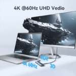 Laptop aangesloten op een externe monitor via de Vention hub voor 4K 60Hz UHD, HDR en 3D video.